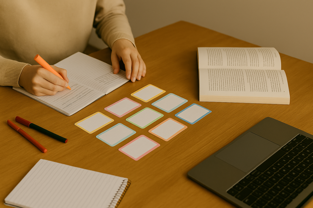 Student using flashcards and notes while studying at a desk with books and laptop.